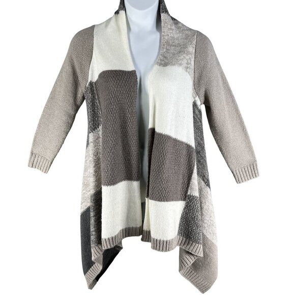 Chicos Womens M Patchwork Open Front Asym Cardigan Sweater Neutral Color Block - Picture 1 of 14